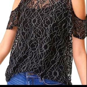 Loft Black Floral Lace Cold Shoulder Blouse